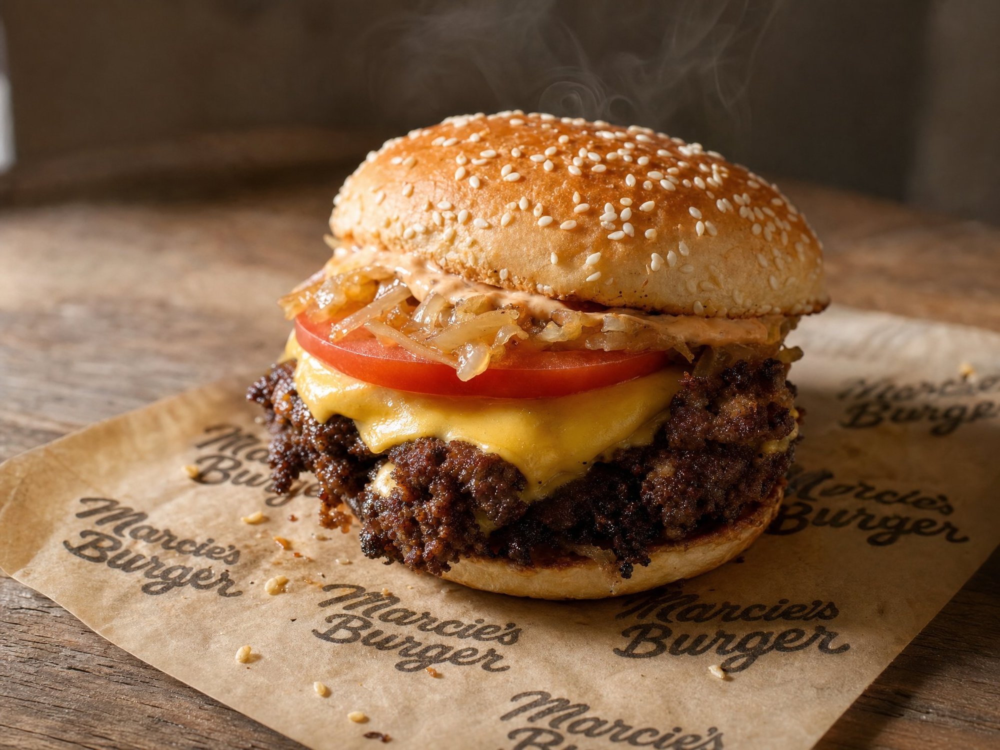 Marcie's smash-style cheeseburger on branded paper
