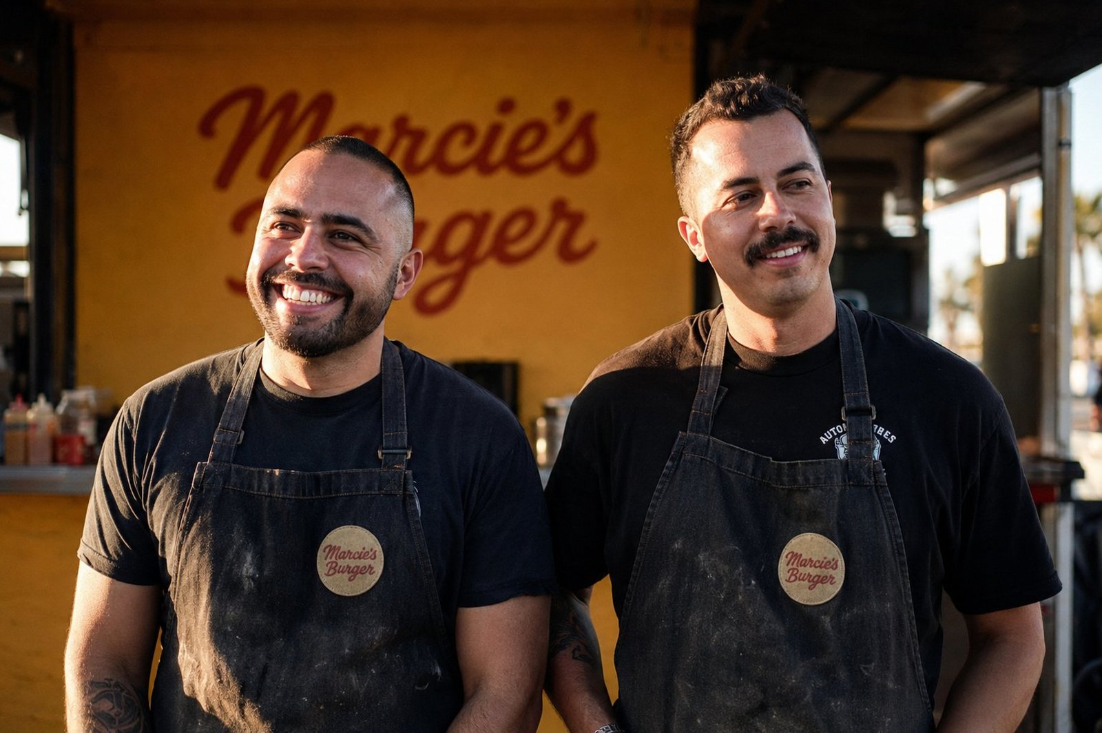 Lucas and Marcelo, founders of Marcie's Burger, in front of the pop-up